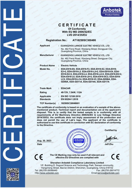 Çin Guangzhou Langjie Electric Vehicle Co., Ltd. Sertifikalar