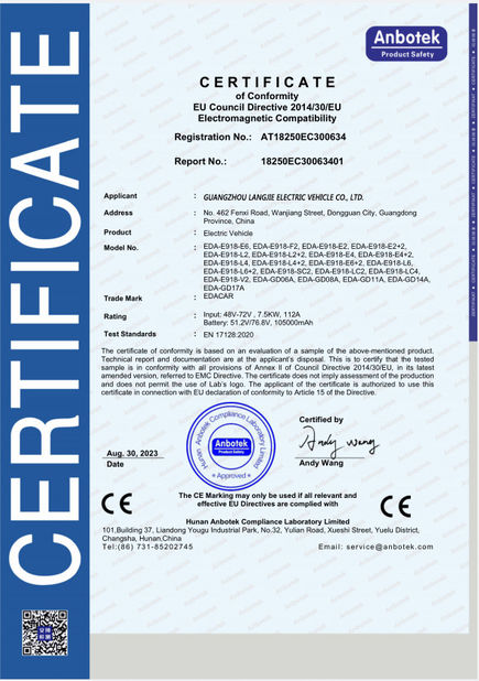 Çin Guangzhou Langjie Electric Vehicle Co., Ltd. Sertifikalar